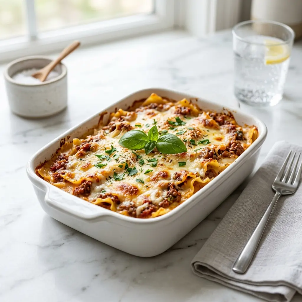 ラザネット、チーズがとろけたひき肉入りの幅広パスタをフライパンに盛った様子