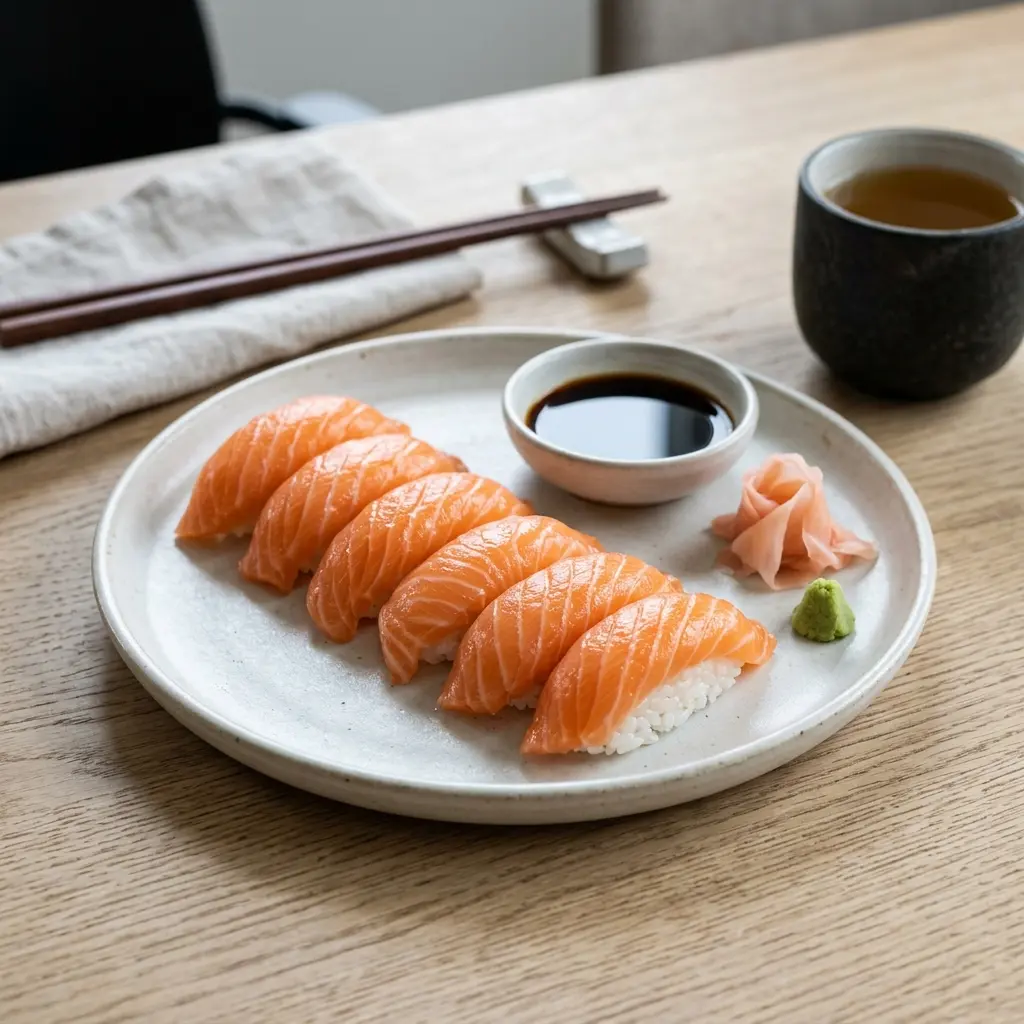サーモンにぎり、酢飯にサーモンをのせた握りが並ぶ様子
