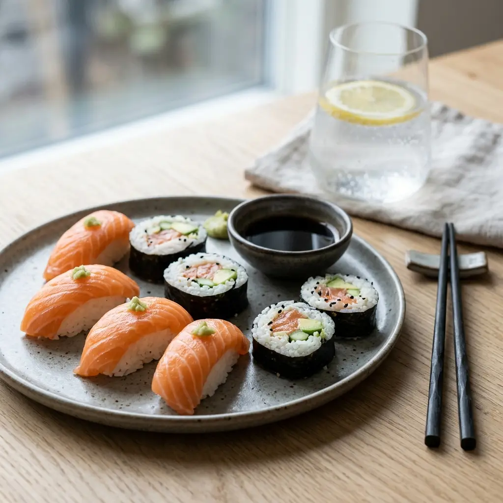 サーモンの寿司、酢飯にサーモンをのせて並べた握り
