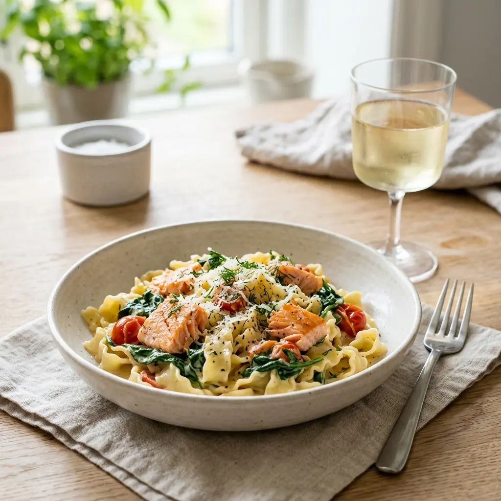 サーモンとほうれん草のパスタ、クリームソースに絡んだサーモンとほうれん草を盛り付けた一皿