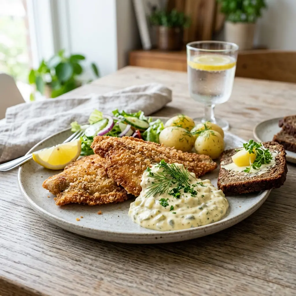 魚のフィレのレムラード添え、衣をつけて揚げ焼きにしたカレイとソース