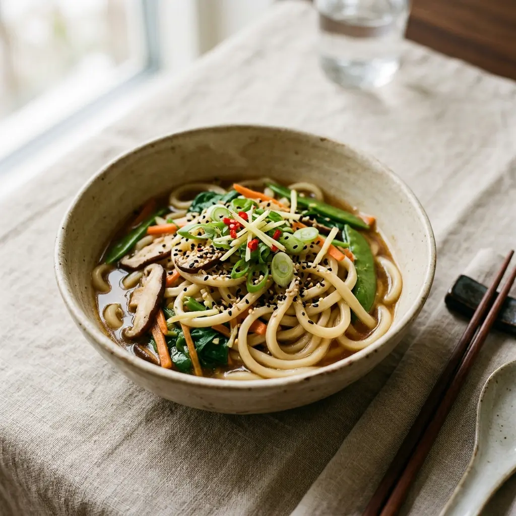生姜入りうどん、おろし生姜と長ねぎ、油揚げをのせた温かいうどん