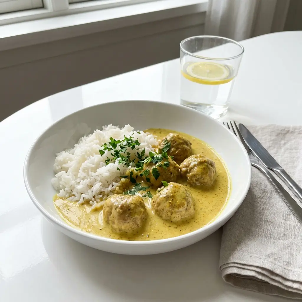定番のミートボールのカレーソース煮、とろみのあるカレーソースに丸いミートボールが並ぶ
