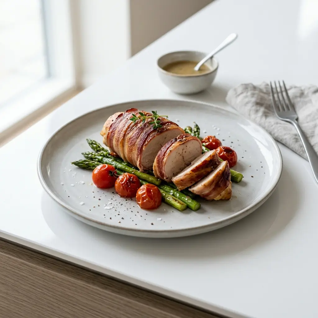 鶏胸肉のベーコン巻き、フライパンで焼き色がついた一口大のベーコン巻きを皿に盛りつけた様子