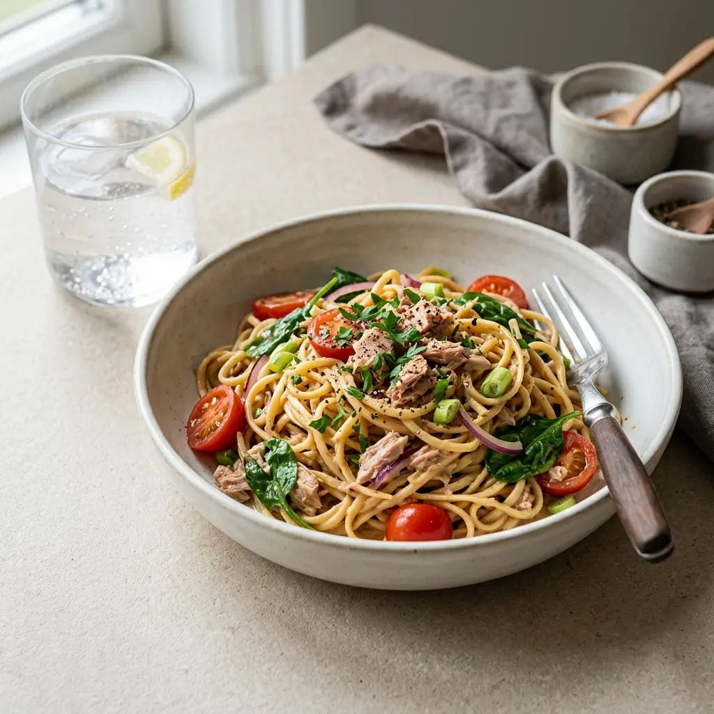 ツナ入り麺、刻み海苔をのせたパスタの盛り付け