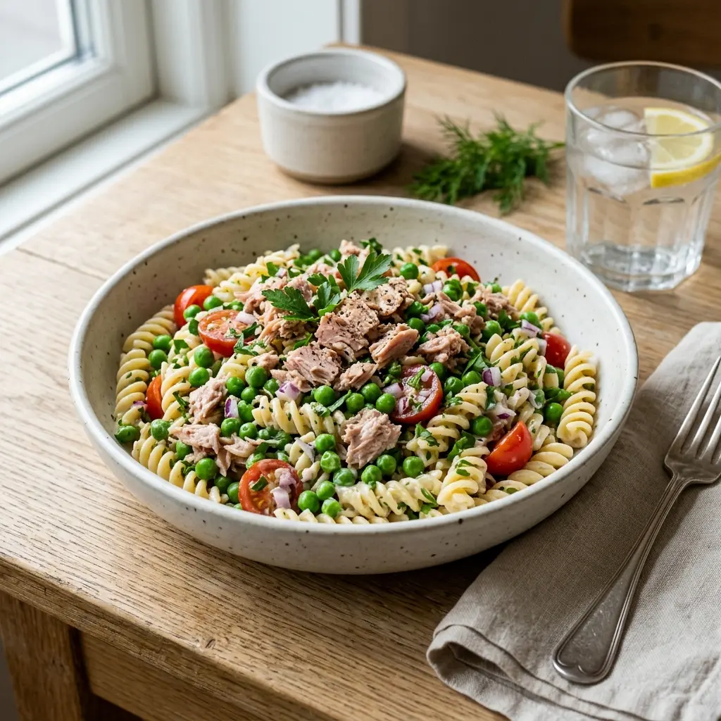 ツナとエンドウ豆のパスタサラダ、ショートパスタに緑の豆とツナがからんだ一皿