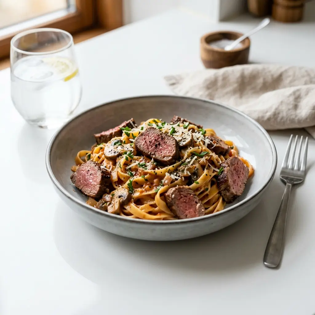 牛フィレ肉のパスタ、角切りの牛肉とパセリをのせた一皿