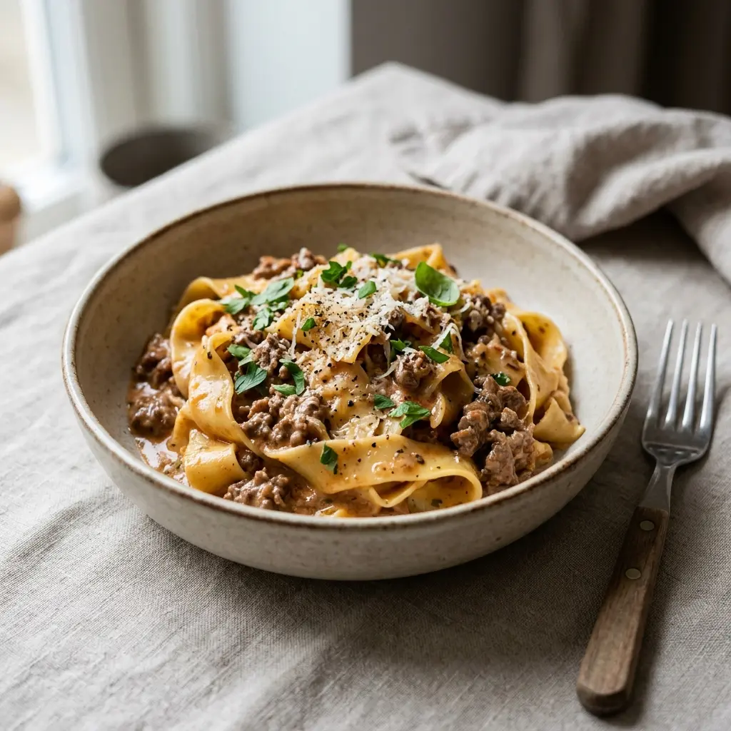 牛ひき肉とクリームのパスタ、クリームソースがよく絡んだ2人分の一皿