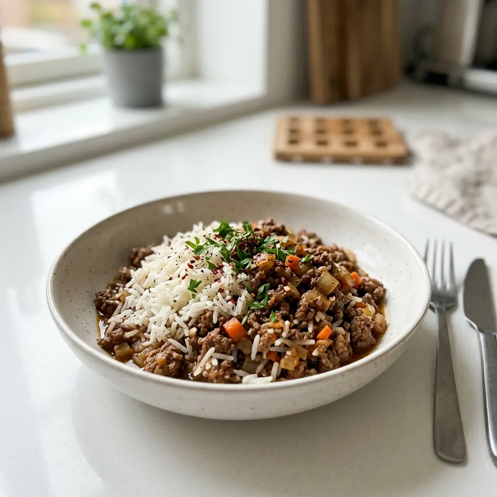 牛ひき肉とご飯、甘辛そぼろを丼にのせて刻みねぎを散らした一杯